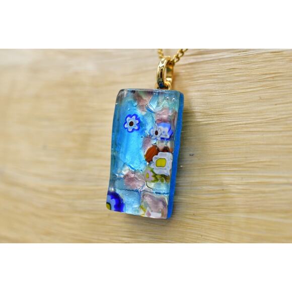 Artisan Handblown Glass Pendant Foil Blue Flower Rectangle Gold Tone Chain BinM - Picture 10 of 12